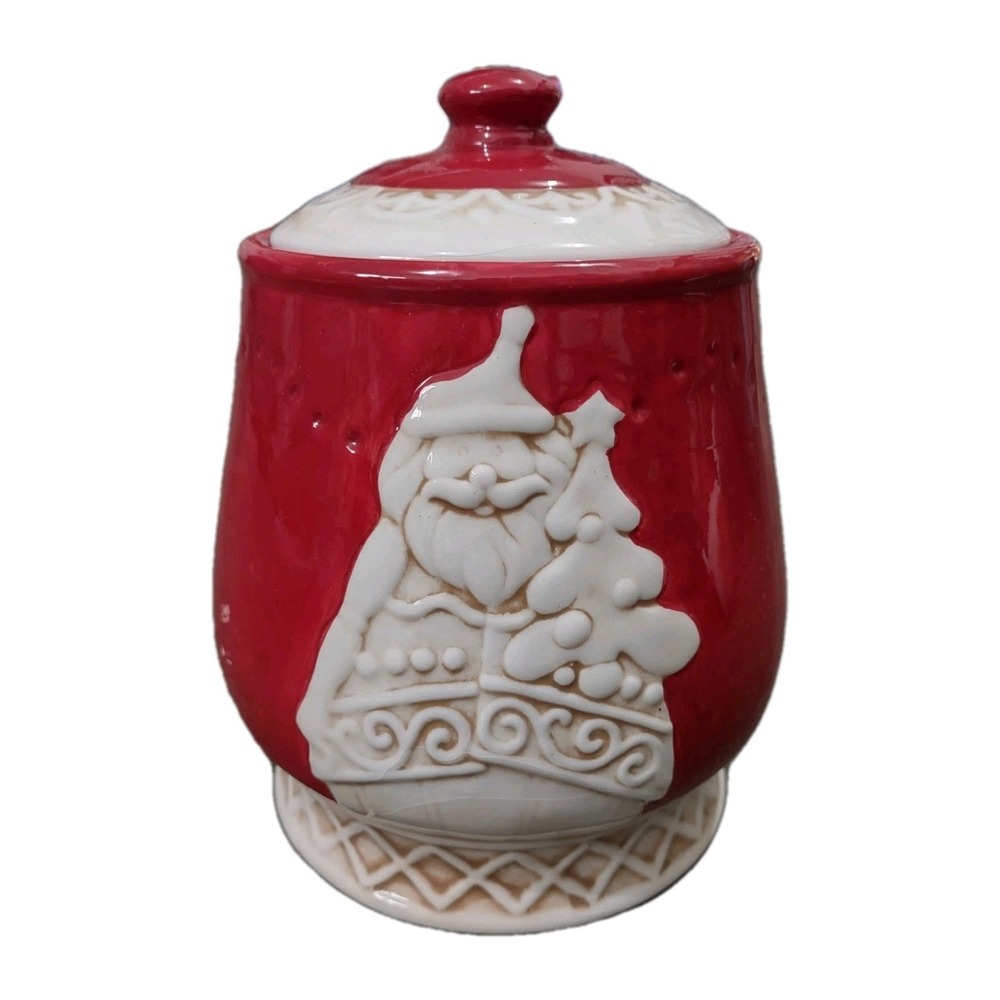 Vintage Ceramic Christmas Cookie Jar Lidded Santa Claus Tree Red White 7.5 Inch